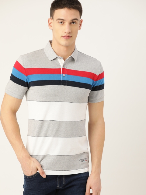 

United Colors of Benetton Men Grey Melange & White Striped Polo Collar T-shirt