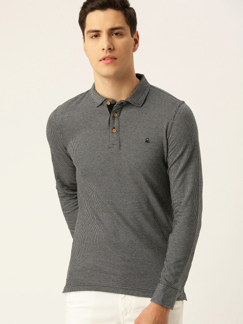 

United Colors of Benetton Men Grey & Black Self-Design Polo Collar T-shirt