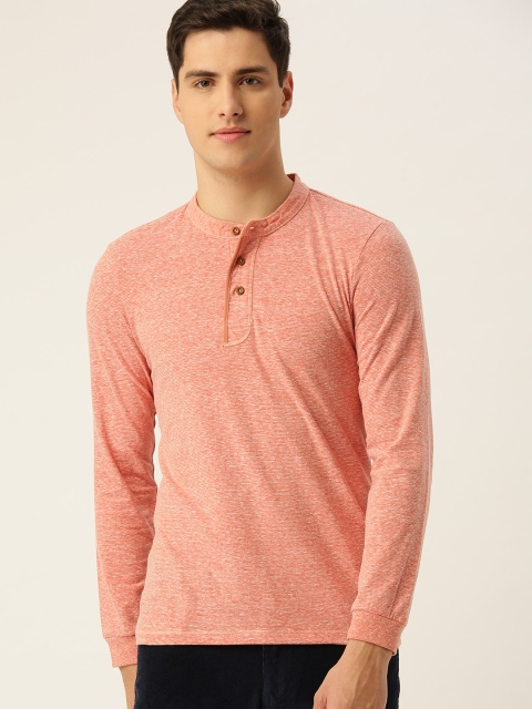 

United Colors of Benetton Men Peach-Coloured Self Striped Henley Neck T-shirt