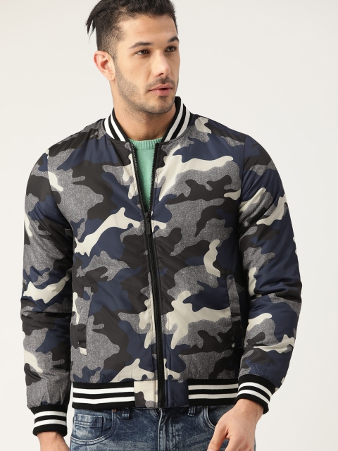 

United Colors of Benetton Men Grey & Blue Printed Bomber Jacket