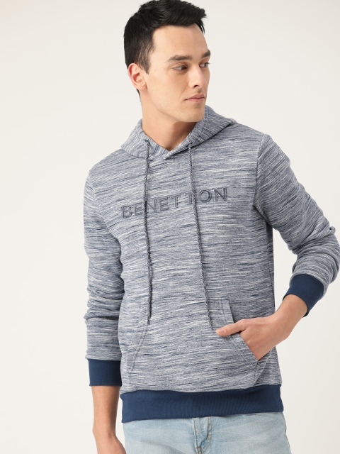 

United Colors of Benetton Men Navy Blue & White Self Design Hooded Sweatshirt