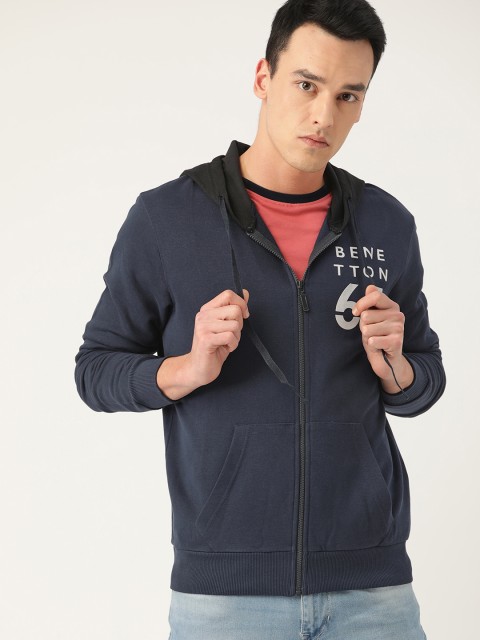 

United Colors of Benetton Men Navy Blue Solid Hooded Sweatshirt