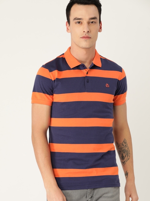 

United Colors of Benetton Men Orange & Navy Blue Striped Polo Collar T-shirt