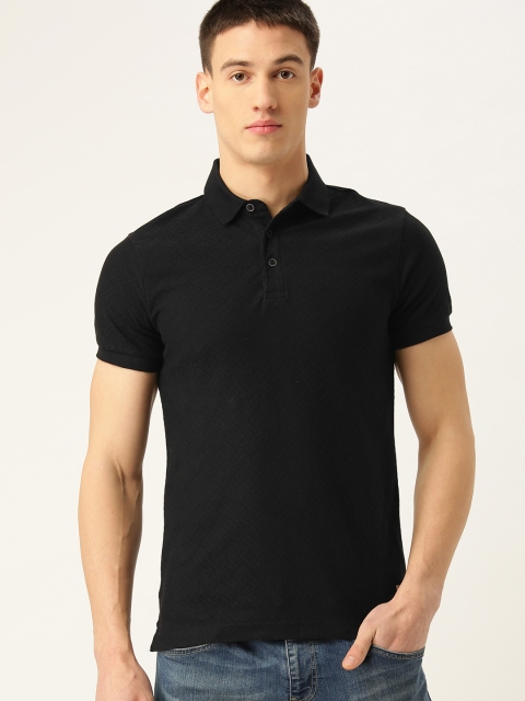 

United Colors of Benetton Men Black Self Design Polo Collar T-shirt