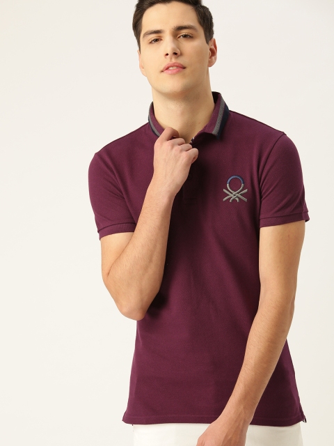 

United Colors of Benetton Men Aubergine Solid Polo Collar T-shirt, Burgundy