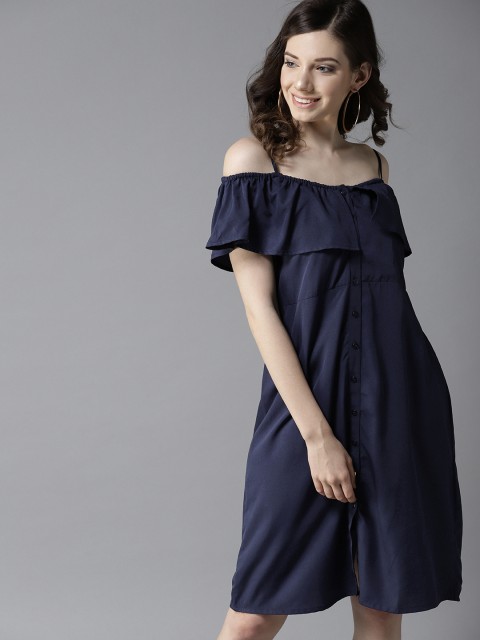 

HERE&NOW Women Navy Blue Off-Shoulder Solid A-Line Dress
