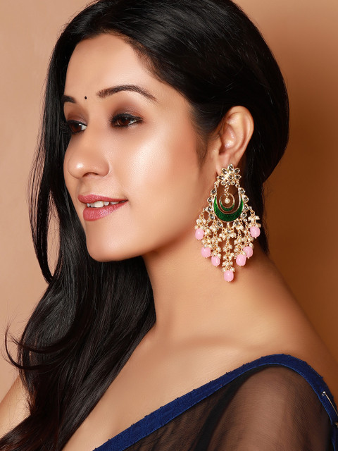

Rubans Pink & Green Gold-Plated Hand Painted Enamelled Chandbali Earrings