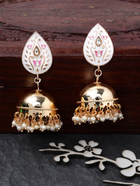 

Rubans Gold-Toned & Pink Hand Painted Dome Shaped Jhumkas