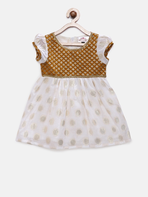 

MANY FROCKS & Girls Gold-Coloured & White Printed Empire Dress