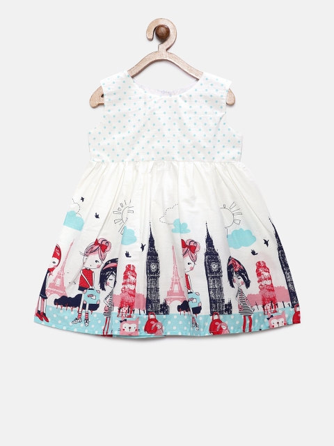 

MANY FROCKS & Girls White & Blue Printed Fit and Flare Dress