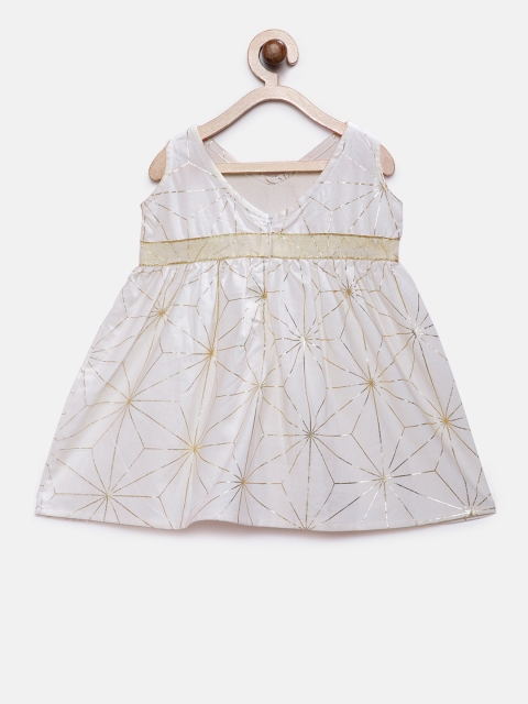 

MANY FROCKS & Girls White & Gold-Coloured Printed A-Line Dress