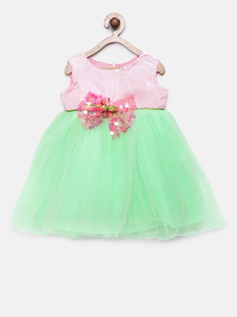 

MANY FROCKS & Girls Pink & Green Colourblocked Fit and Flare Dress