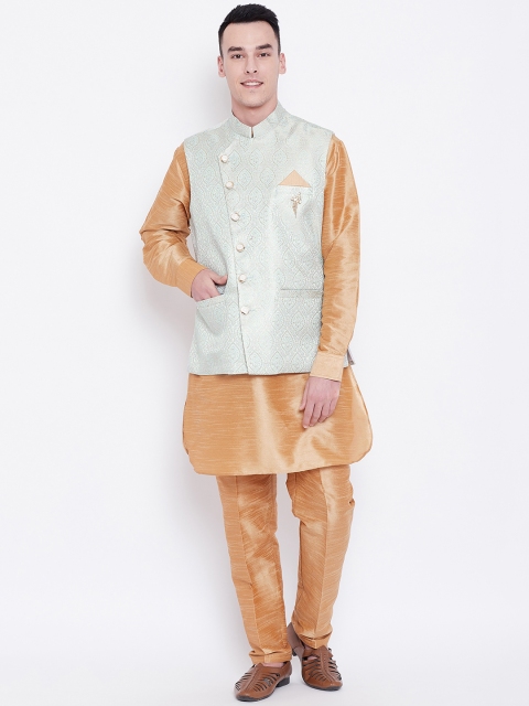 

SG LEMAN Men Golden & Blue Solid Kurta with Trousers & Nehru Jacket, Gold