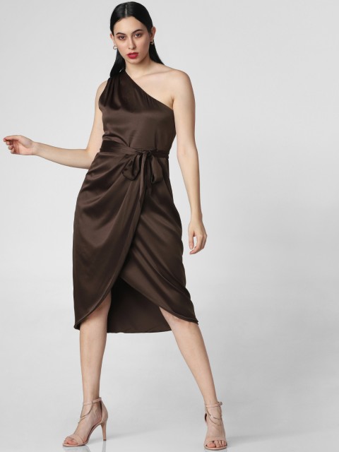 

Vero Moda Women Solid Brown Wrap One Shoulder Dress