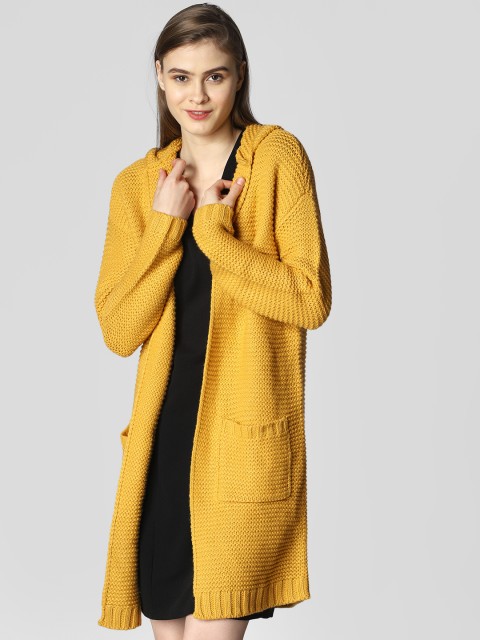 

Vero Moda Women Mustard Yellow Solid Longline Front Open Hooded Sweater