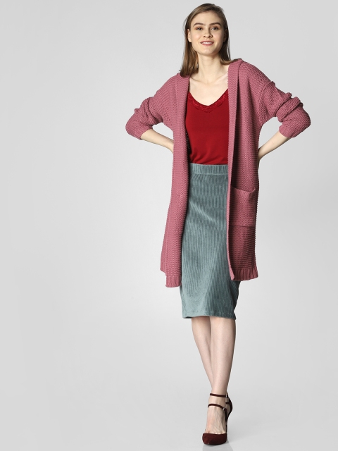 

Vero Moda Women Pink Self Design Hooded Longline Sweater