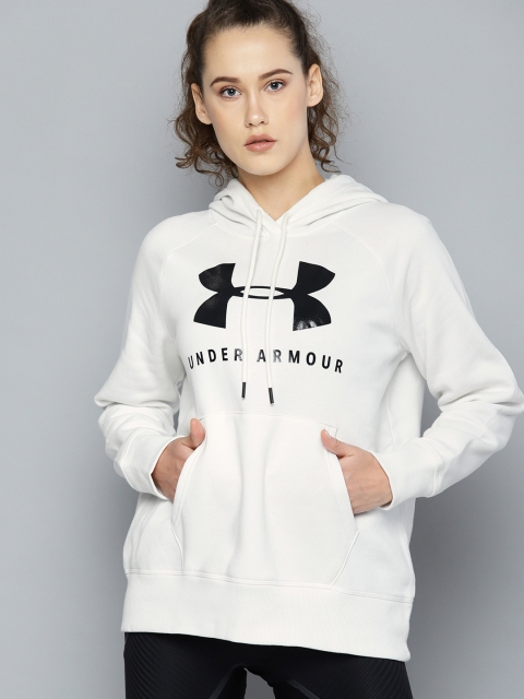 

UNDER ARMOUR Women White Rival Fleece Sport Style Graphic Printed Hooded Sweatshirt