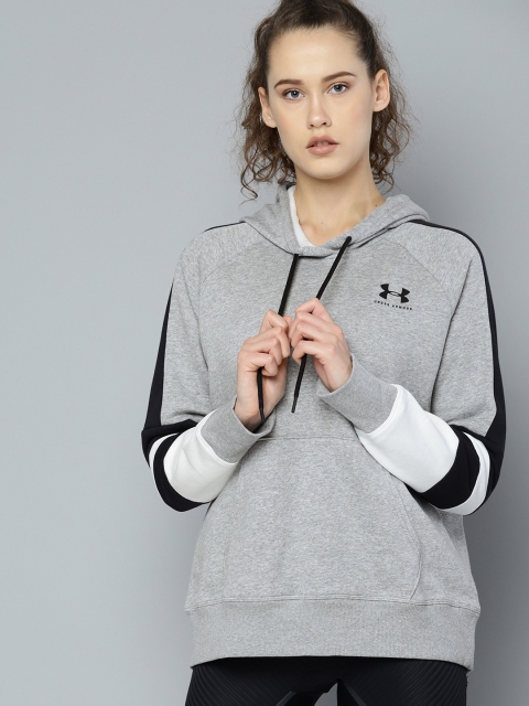 

UNDER ARMOUR Women Grey Melange Rival Fleece LC Logo Novelty Hooded Sweatshirt
