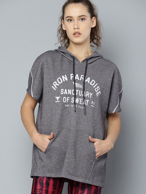 

UNDER ARMOUR Women Charcoal Grey The Rock Double Knit Tunic Printed Hooded Sweatshirt