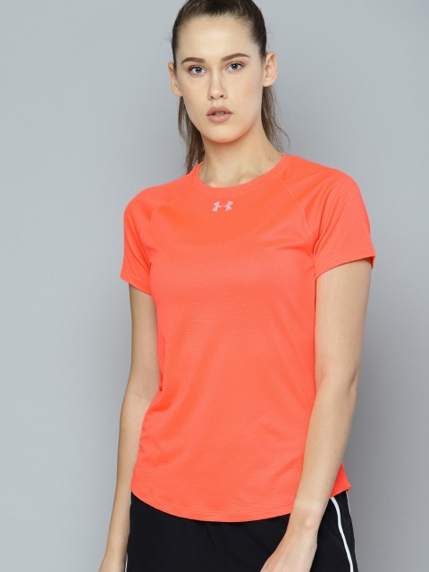 

UNDER ARMOUR Women Neon Orange Qualifier Solid Round Neck T-shirt