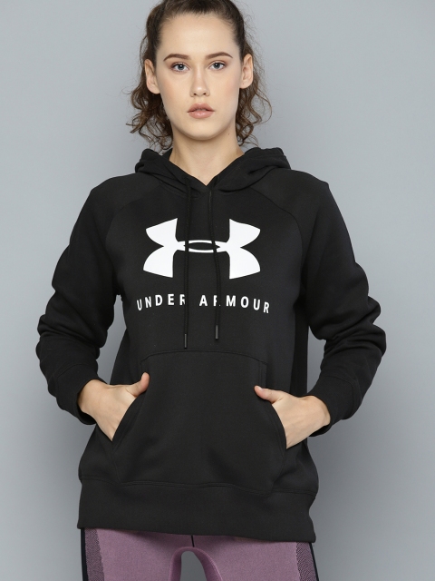 

UNDER ARMOUR Women Black Rival Fleece Sport Style Graphic Hooded Printed Sweatshirt