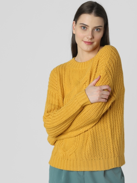 

Vero Moda Women Mustard Yellow Solid Open Knit Sweater