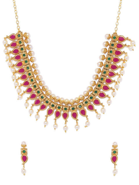 

ASMITTA JEWELLERY Gold-Plated & Pink Stone Studded Antique Jewellery Set