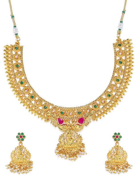 

ASMITTA JEWELLERY Gold-Plated & Green Stone Studded Temple Jewellery Set