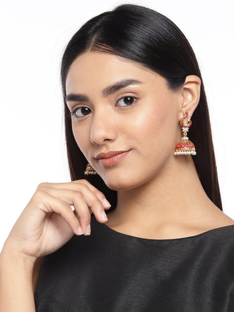 

ASMITTA JEWELLERY Gold-Plated Dome Shaped Enamelled Meenakari Jhumkas