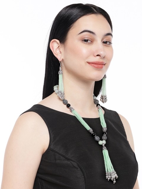 

ASMITTA JEWELLERY Rhodium-Plated Green & Silver-Toned Jewellery Set