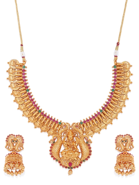 

ASMITTA JEWELLERY Gold-Plated & Pink Stone Studded Antique Jewellery Set