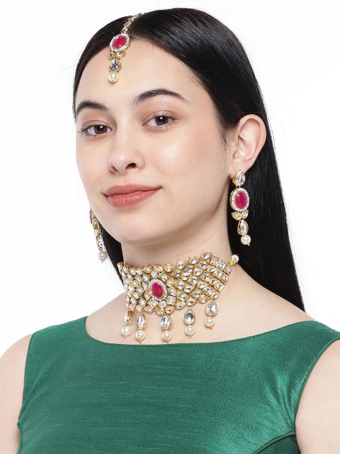 

ASMITTA JEWELLERY Gold-Plated & Pink Jewellery Set With Maangtika