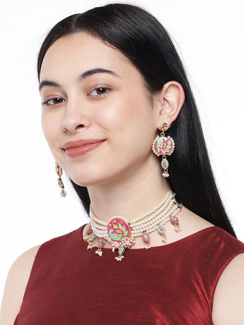 

ASMITTA JEWELLERY Gold-Plated & Pearl Studded Enamelled Meenakari Jewellery Set