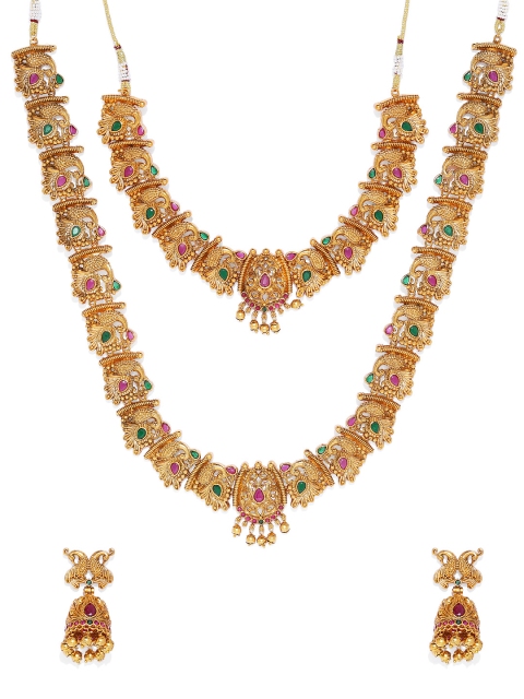 

ASMITTA JEWELLERY Gold-Plated and & Red Stone Studded Antique Jewellery Set