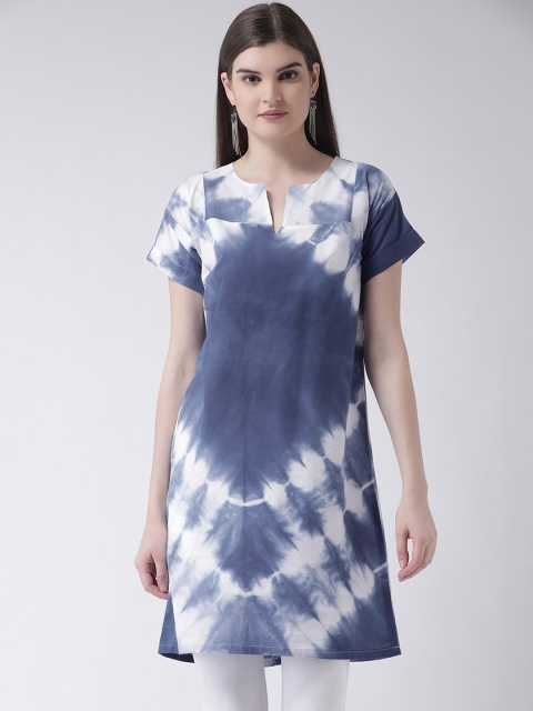 

Pinwheel women blue and white tie and dye cotton knee length straight Tunic., Navy blue