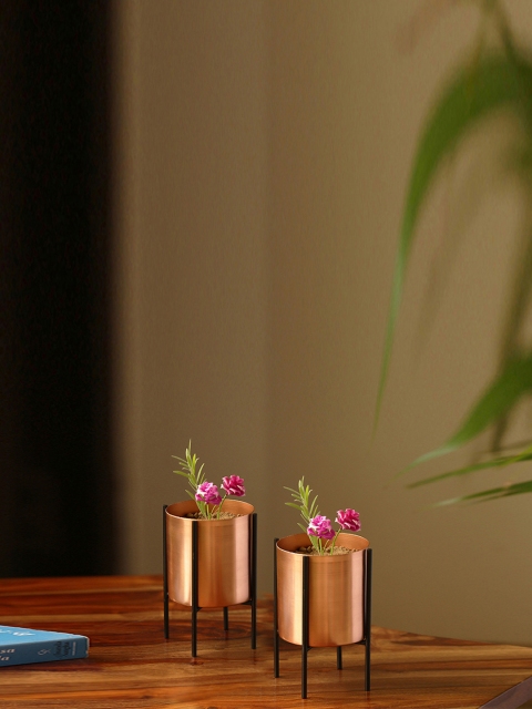 

ExclusiveLane Set of 2 Copper-Toned Cylindrical Table Planter Pots & Crossed Iron Stands
