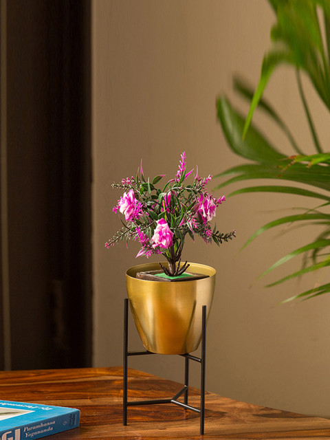 

ExclusiveLane 'The Golden Frustum' Table Planter Pot With Triangular Stand In Iron (8.2 Inch), Gold