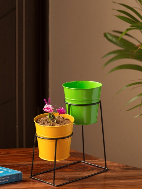

ExclusiveLane Set of 2 Green & Yellow The Trapezium Bucket Planters with Stands