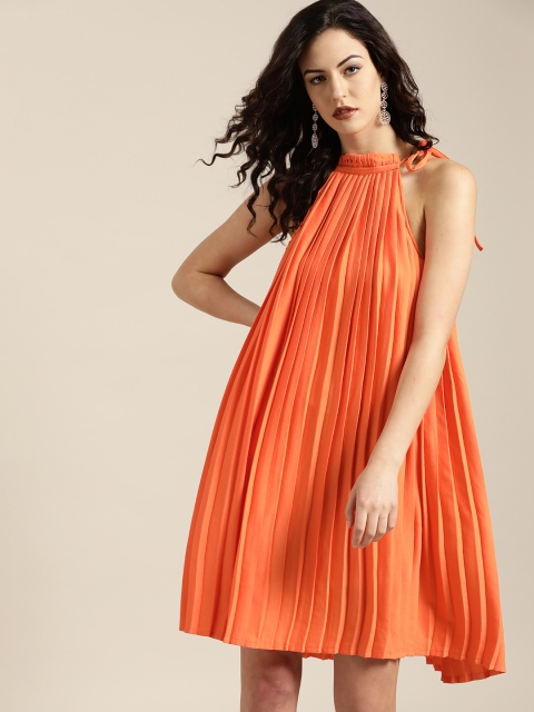 

Moda Rapido Women Orange Solid Accordion Pleats A-Line Dress