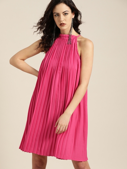 

Moda Rapido Women Pink Solid Accordion Pleats A-Line Dress