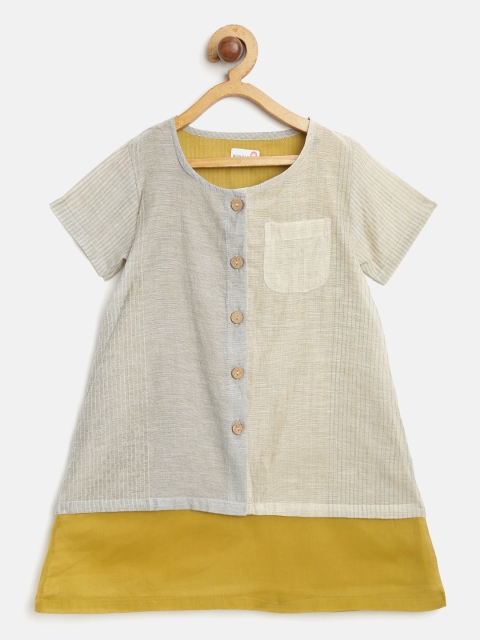 

BODHI RAI Girls Beige & Mustard Yellow Striped Layered A-Line Dress