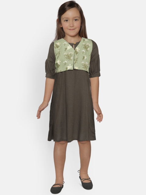 

BODHI RAI Girls Olive Green Printed A-Line Dress with Floral Printed Shrug