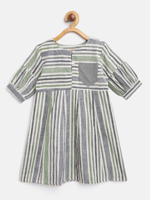 

BODHI RAI Girls Chrarcoal Grey & Off-White Striped Empire Dress, Charcoal
