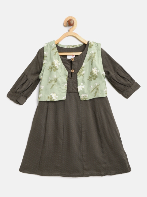 

BODHI RAI Girls Olive Green Printed A-Line Dress with Shrug
