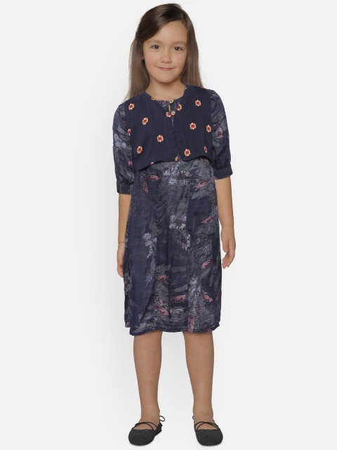 

BODHI RAI Girls Navy Blue & Charcoal Grey Floral Print A-Line Dress with Shrug