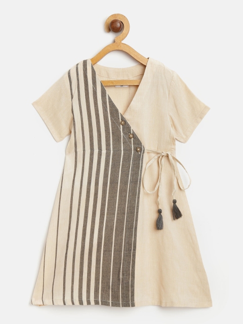 

BODHI RAI Girls Beige & Grey Striped Wrap Dress