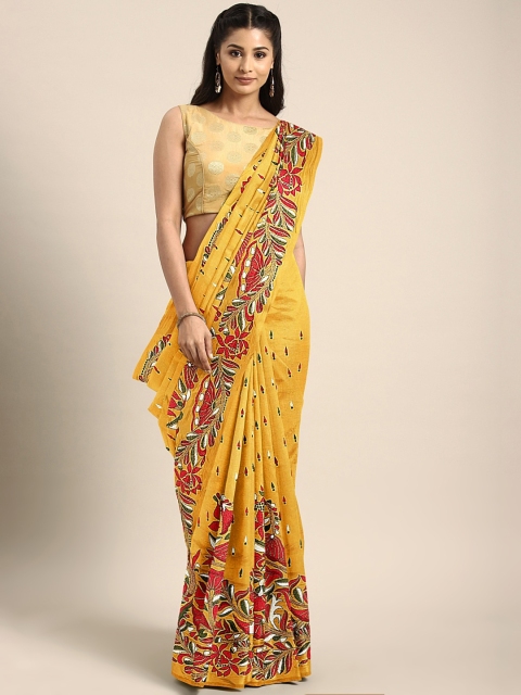 

Mitera Mustard Yellow & Red Pure Silk Handloom Kantha Embroidered Saree