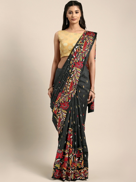

Mitera Black & Red Hand Made Embroidered Kantha Work Saree