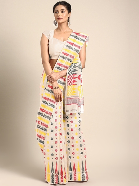 

Mitera Off-White & Yellow Woven Design Dhakai Jamdani Saree