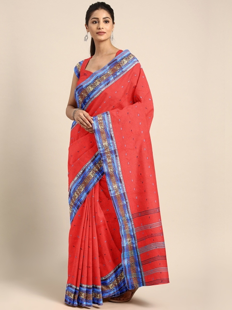 

Mitera Red & Blue Pure Cotton Hand Woven Design Taant Saree